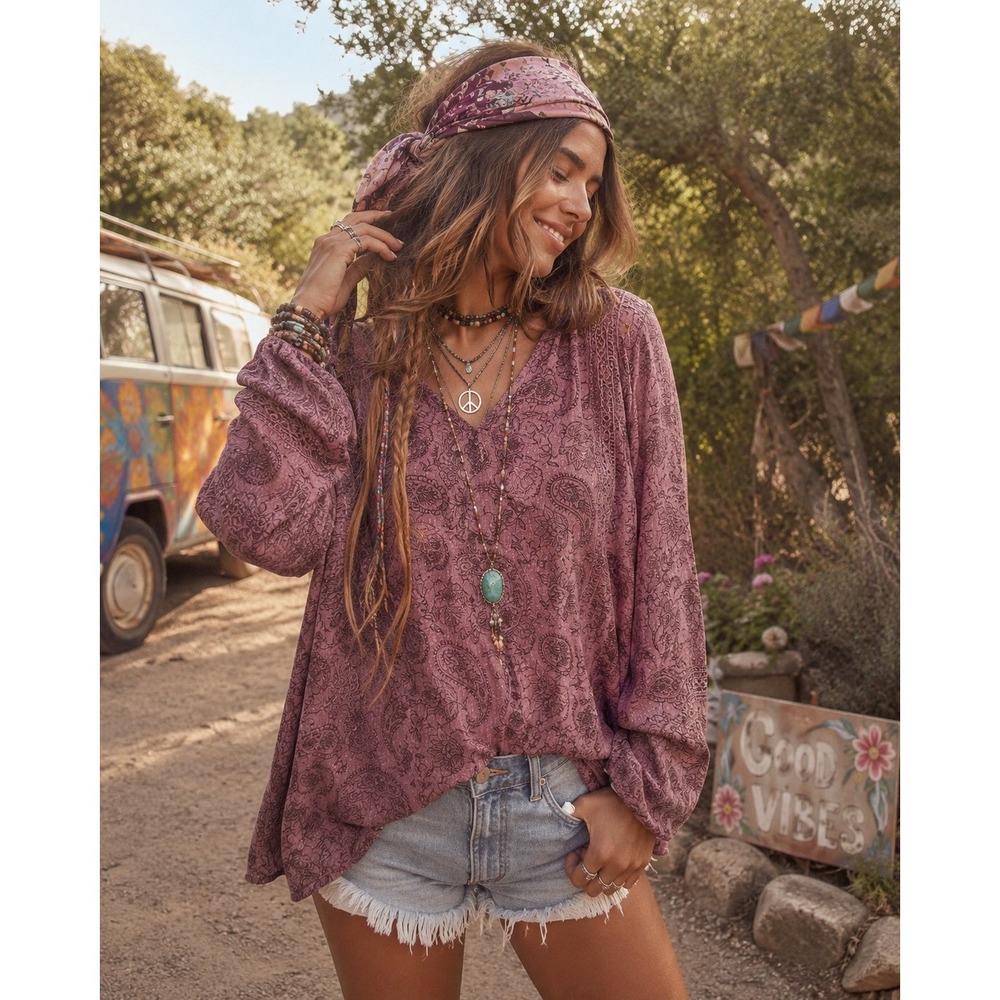 Como Vintage Women's Boho Paisley Tunic Top Mauve Long Sleeve Crochet Trim Large
